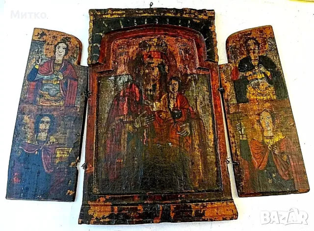 Антикварна Триптих Икона – Ръчно рисувана, дърво, XIX век