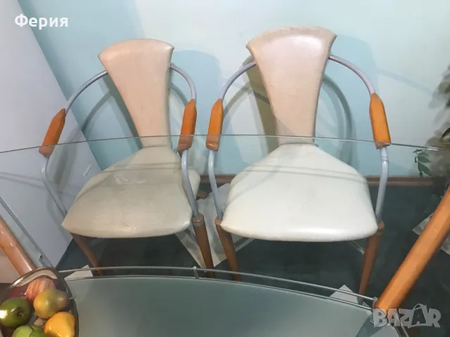 стъклена маса с масивни дървени елементи и метал+8 стола, снимка 10 - Маси - 49053616