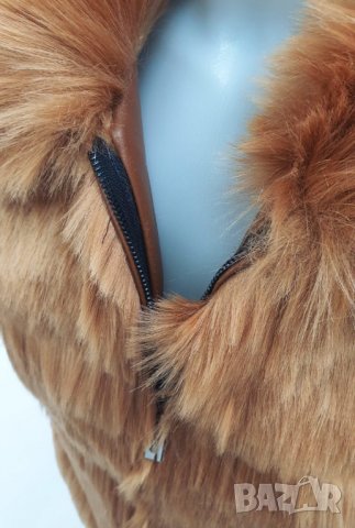 Късо дамско зимно яке с дълъг косъм в цвят коняк М, снимка 3 - Якета - 35151565