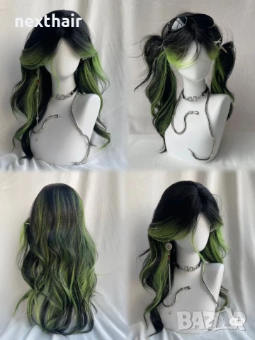 Черна чуплива перука с лимонено жълти кичури, снимка 4 - Аксесоари за коса - 51029919