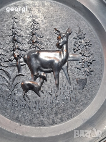 декоративна калаена чиния с ловен мотив 28/4 , снимка 3 - Декорация за дома - 51916523