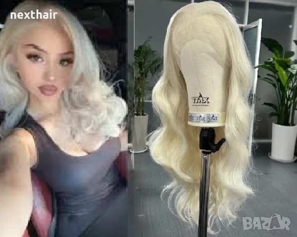 60 см Платинено бяло руса дълга къдрава синтетична перука с дантела 13X4, снимка 1