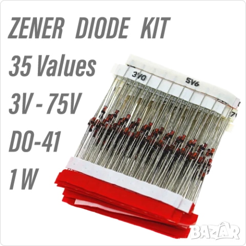 Ценеров диод - кит 35 напрежения 3V-75V :1N4761.. 1N4727;KC168A,P6KE180A,P6KE200A,P6KE350А,TL431