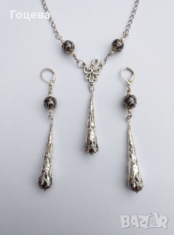 Разкошен комплект бижута с камъни Хематит и богати орнаменти в цвят сребро, снимка 3 - Бижутерийни комплекти - 33608565