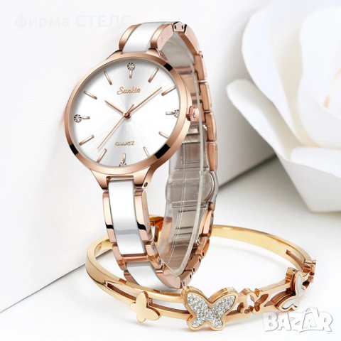 Дамски часовник Lige Ceramic Watch, Бял/Златист, снимка 4 - Дамски - 44042243