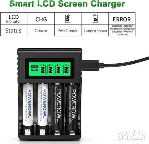 Интелигентно зарядно устройство за батерии АА, ААА, POWEROWL с LCD дисплей, снимка 8 - Друга електроника - 49092980