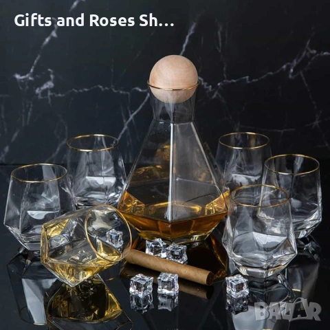 Комплект чаши за уиски 6 броя- стъкло със златен кант+ декантер