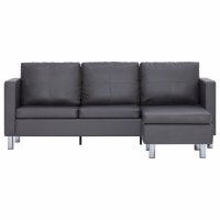 3-местен диван с възглавници, сив, изкуствена кожа, снимка 4 - Дивани и мека мебел - 40813280