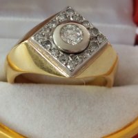 Мъжки златен пръстен 585 проба и брилянт 0.6 катата+16 диаманти           малки брилянта, снимка 3 - Пръстени - 35474808