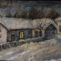 Стара картина, зимен пейзаж, къща, Иван Димитров, 1960-те г., снимка 2 - Картини - 28126744