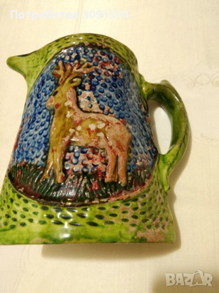 МНОГО РЯДКА СТАРА КЕРАМИЧНА КАНА С ФИГУРА ПОДПИСАНА, снимка 1