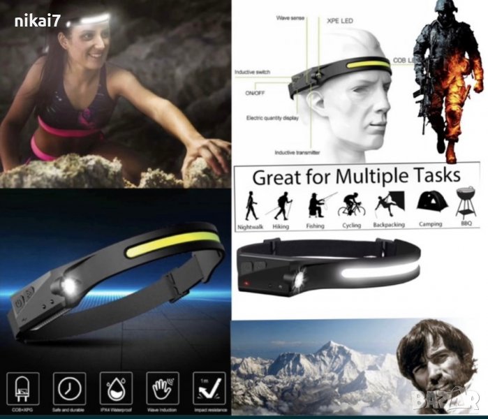челник за глава LED лента акумулаторен фенер водоустойчив USBзареждане, снимка 1