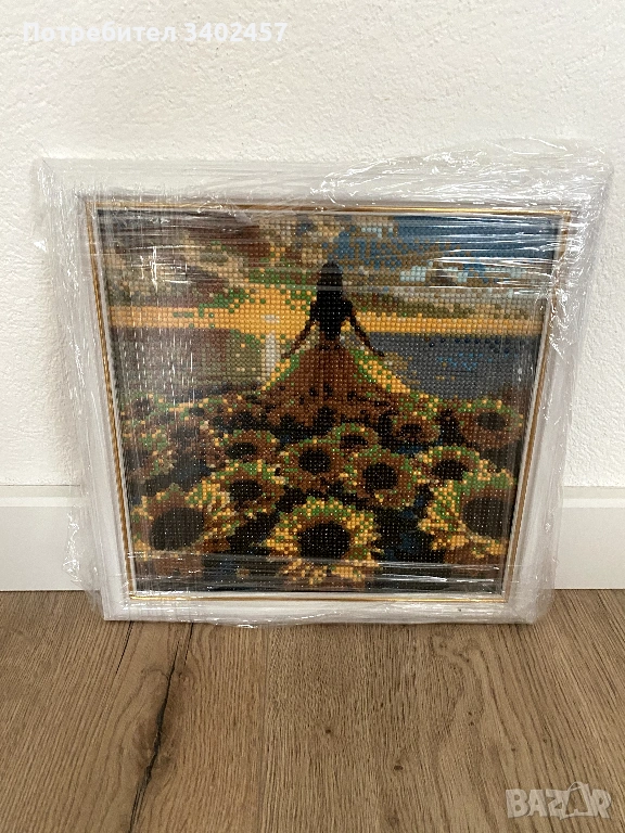 Гоблен с мъниста, 29 х 29 см, в рамка, слънчогледи, снимка 1