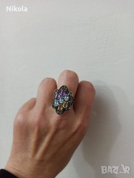 Антикварен дамски златен пръстен със сребро - диамантчета, цитрин, аквамарин, аметист-9карта., снимка 1