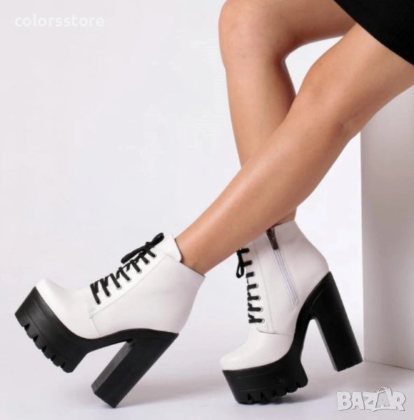 Боти на ток - бяла кожа с черно ходило - 591, снимка 1