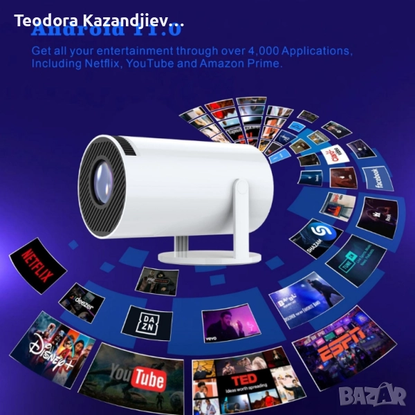 Преносим мини проектор,Android 11,HDMI връзка,USB,AV, Audio jack3.5mm,ротация на 180 градуса, снимка 1