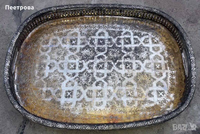 Старинна бронзова, посребрена табла за кафе и напитки., снимка 1