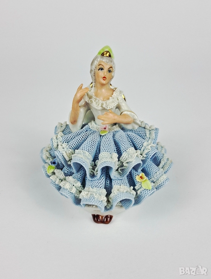 Порцеланова балерина със синя рокля, седнала на стол - Sandizell, Dresden, снимка 1