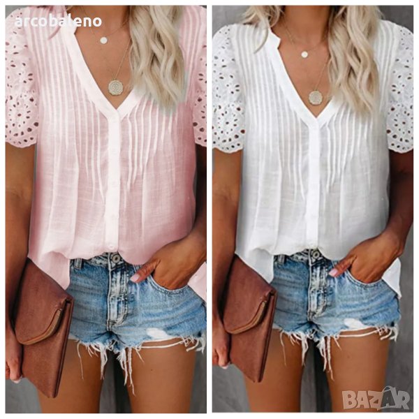 Дамска едноредна риза с дантелени буф ръкави, 2цвята - 023, снимка 1