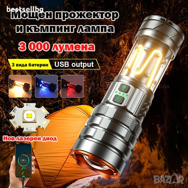 Мощен далекобоен тактически прожектор LED къмпинг лампа осветление за лов риболов туризъм палатка, снимка 1