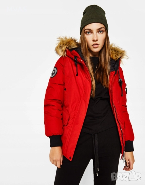 Bershka - 55% Дамско зимно червено яке S размер, снимка 1
