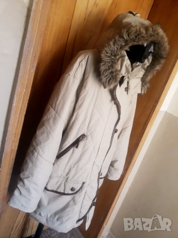 Кремаво бежово яке с кафяв кант от кожа и рошава качулка 3ХЛ, снимка 5 - Палта, манта - 34616174