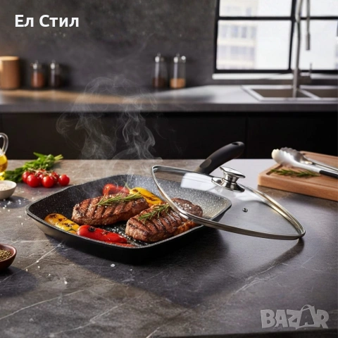 Грил тиган 28см с капак и мраморно покритие Cheffinger – за индукция, с противоплъзгаща дръжка, снимка 2 - Съдове за готвене - 53573320