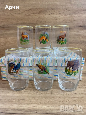 Стъклени чаши с ловен мотив в кутия -1980, снимка 3 - Чаши - 51866568