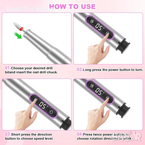 XEEUEX Електрическа пила за нокти, 12-в-1, 25000 об/мин, 5-скоростна, снимка 6 - Педикюр и маникюр - 53245739