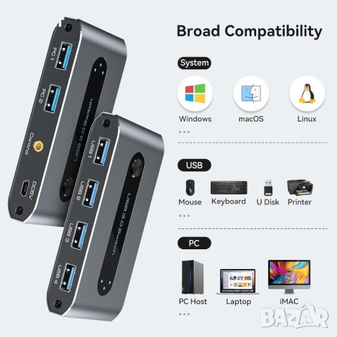 USB 3.0 превключвател 2 входа - 4 изхода, поддържа 2 компютъра, споделят 4 USB порта, снимка 6 - Кабели и адаптери - 43186371