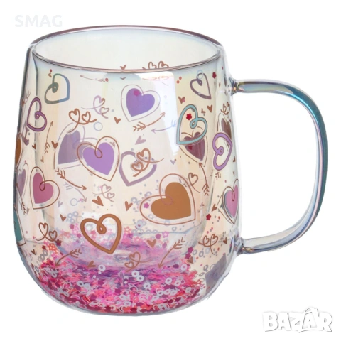 Стъклена двустенна чаша с неонови сърца, 350 мл_1253325