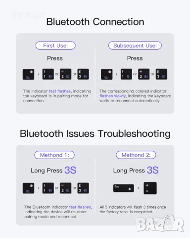 Сгъваема Bluetooth клавиатура Inateck, AI Wireless с тъчпад, 3 Bluetooth канала, iOS Android Windows, снимка 5 - Клавиатури и мишки - 48426396