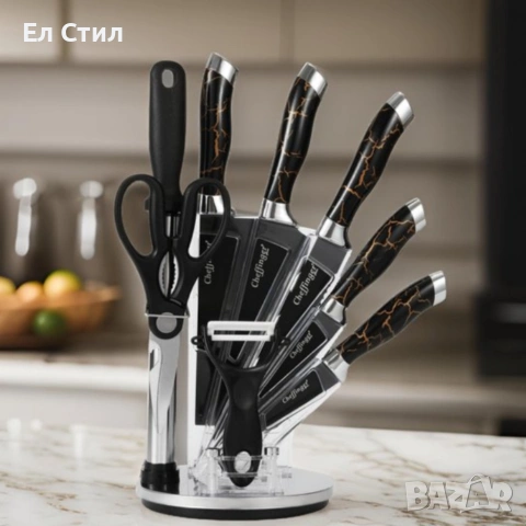 Комплект уреди за рязане–9 части с мраморно покритие, стойка, точило и белачка, снимка 6 - Прибори за хранене, готвене и сервиране - 53565458