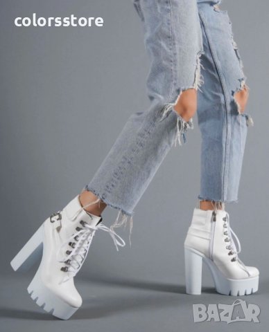 Боти на ток - бяла кожа с бяло ходило - BT14, снимка 4 - Дамски боти - 34645971