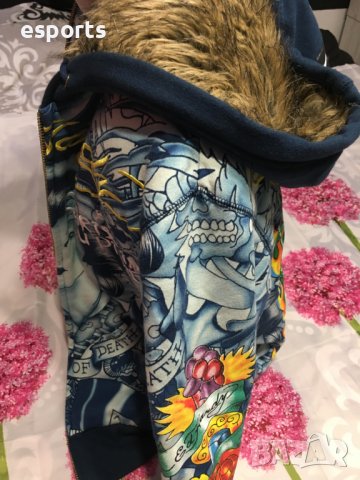Зимно яке с пух Ed Hardy by Christian Audigier Tatoo Tiger Wolf bird S Small, снимка 7 - Суичъри - 25777992