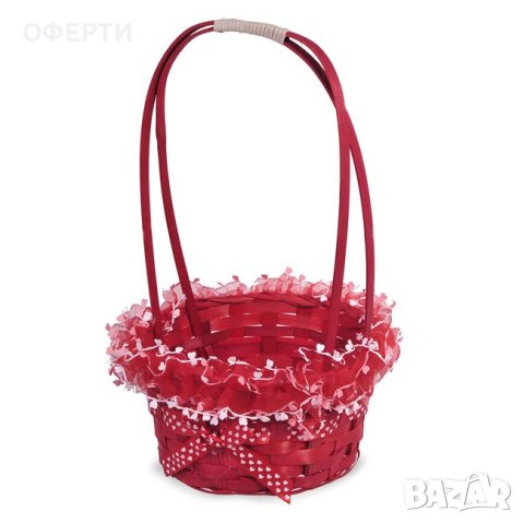 Великденска декоративна кошница с бамбукова дръжка Панделка от червен тюл Ø23x35см, снимка 1 - Други - 44058989