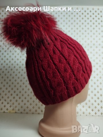Дамска плетена шапка с естествен косъм лукс- мпш40, снимка 2 - Шапки - 43302170
