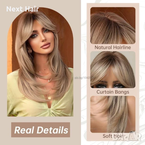 Тъмно руса перука с фини светли кичури и дълъг бретон, снимка 4 - Аксесоари за коса - 51086955