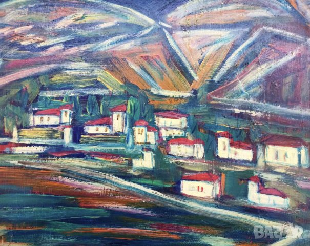 ПЕТЪР ДОМУСЧИЕВ СТАРА БЪЛГАРСКА МАСЛЕНА КАРТИНА - ПЕЙЗАЖ С КЪЩИ, снимка 2 - Картини - 43671536