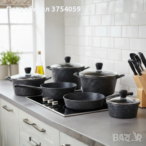 Премиум комплект съдове за готвене 12 части с мраморно покритие Cheffinger– Тенджери, тигани и касер, снимка 4 - Съдове за готвене - 53124115