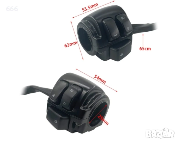 Контролни превключватели за кормило на мотоциклет, комплект ляво/дясно, алуминий, черен, 25 mm, снимка 2 - Части - 52879330