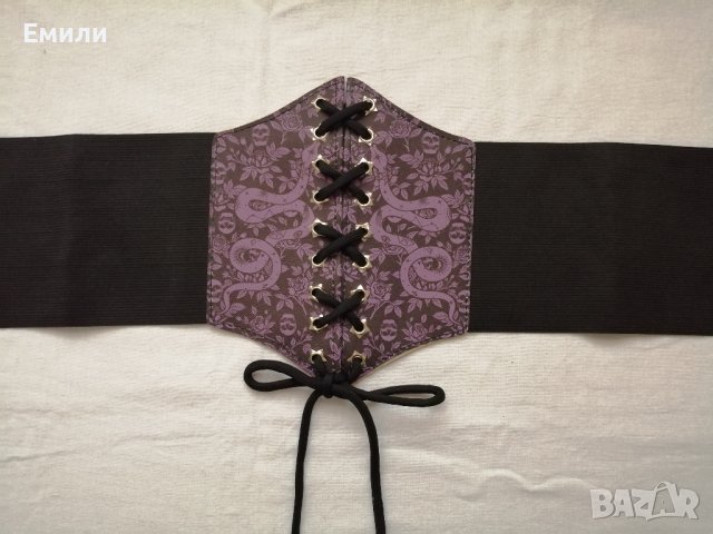 Черен корсет колан за талия с връзки в лилав/розов принт черепи, рози и змии , снимка 15 - Корсети, бюстиета, топове - 43330587