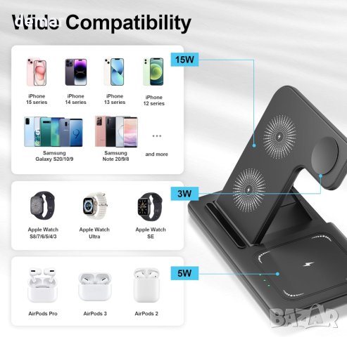 Безжично зарядно устройство 3 в 1 за iPhone, Apple Watch, AirPods (с адаптер ), снимка 6 - Безжични зарядни - 44104727