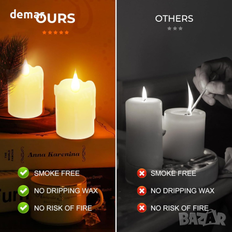 6 броя восъчни акумулаторни LED свещи топло бели, дистанционно управление, за домашен декор, снимка 5 - Декорация за дома - 44865892