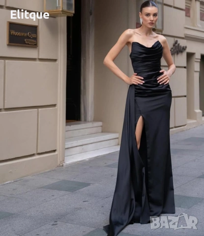 дълга сатенена рокля с цепка , снимка 2 - Рокли - 53194685