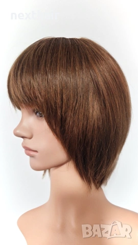 Естествена къса кафява перука с бретон, снимка 6 - Аксесоари за коса - 53148847