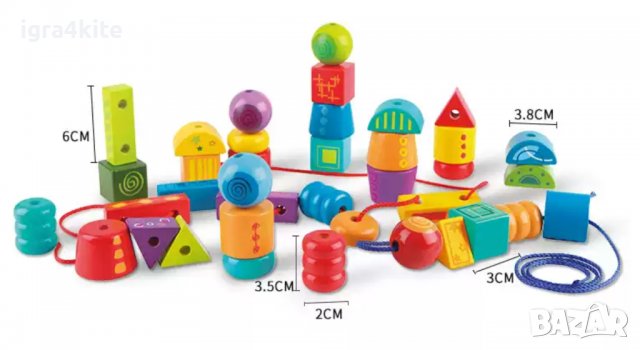 Hape  Дървена игра за малко дете конструктор кубчета с наниз , снимка 9 - Образователни игри - 36583632