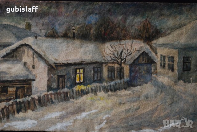 Стара картина, зимен пейзаж, къща, Иван Димитров, 1960-те г., снимка 2 - Картини - 28126744