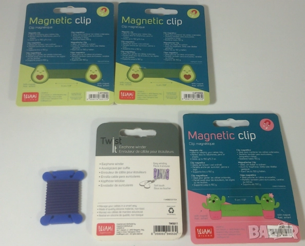 Legami - 2 силиконови уайндъри/навивачи и 3 магнитни щипки/клипс - аксесоари за слушалки, кабели, снимка 6 - Други стоки за дома - 51747145