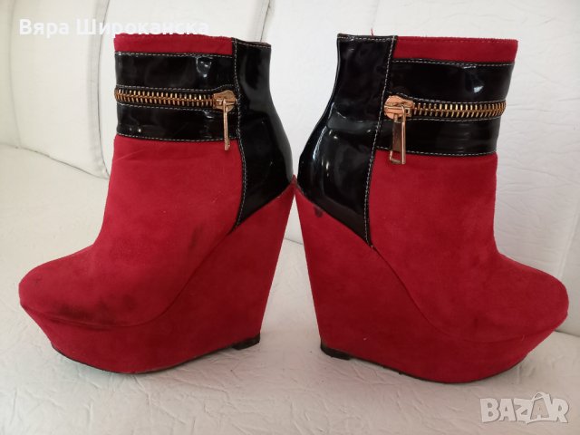 Високи боти на платформа. Размер: 37. Винен набук и черен лак. Жълти декоративни ципове. , снимка 2 - Дамски боти - 40523246